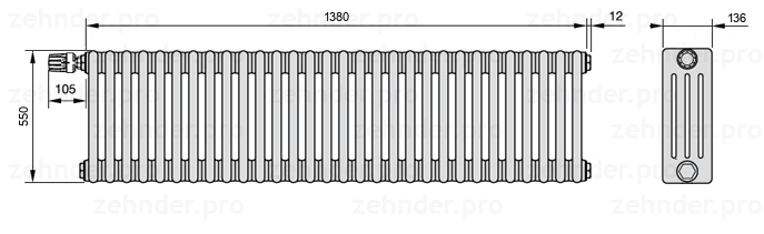 Схема (чертеж) Радиатор Zehnder Charleston 4055/30 №V012 Белый глянцевый RAL 9016